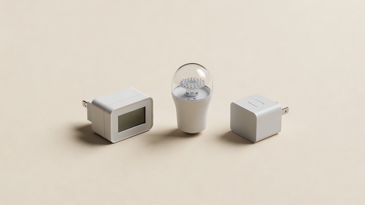Soft-lit render of a plug-in energy meter, LED bulb and smart plug on a plain parchment-colored background