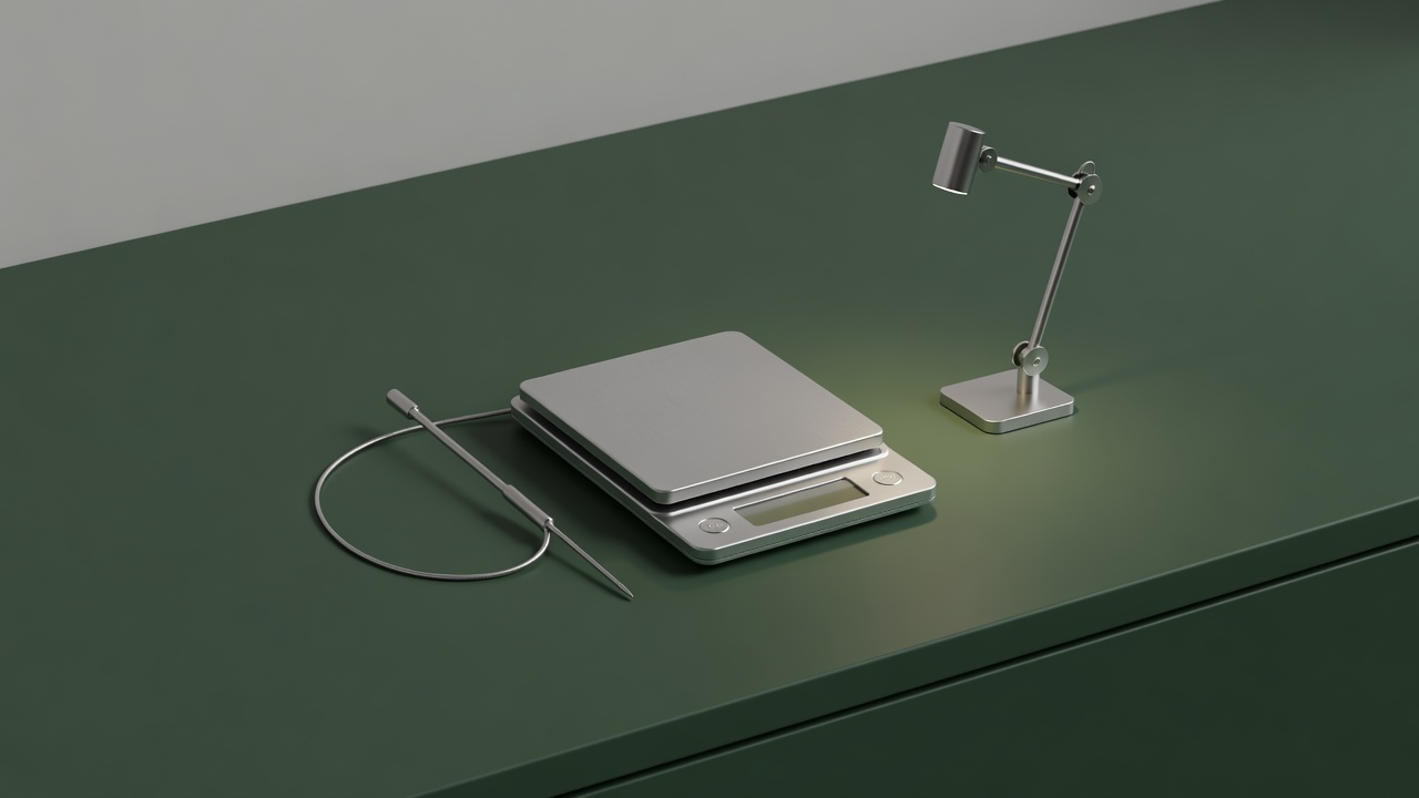 Soft-lit render of a kitchen scale, probe thermometer and compact task light arranged on a plain forest-green counter