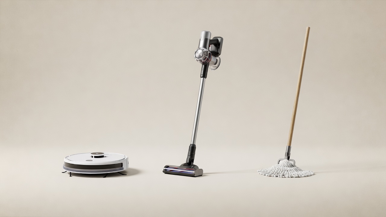 Soft-lit render comparing a robot vacuum, cordless stick vacuum and manual mop against a plain parchment background