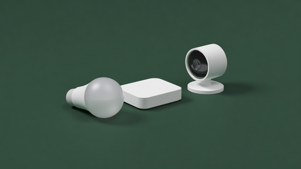 Soft-lit render of a smart bulb, wireless hub and indoor camera arranged on a plain forest-green surface